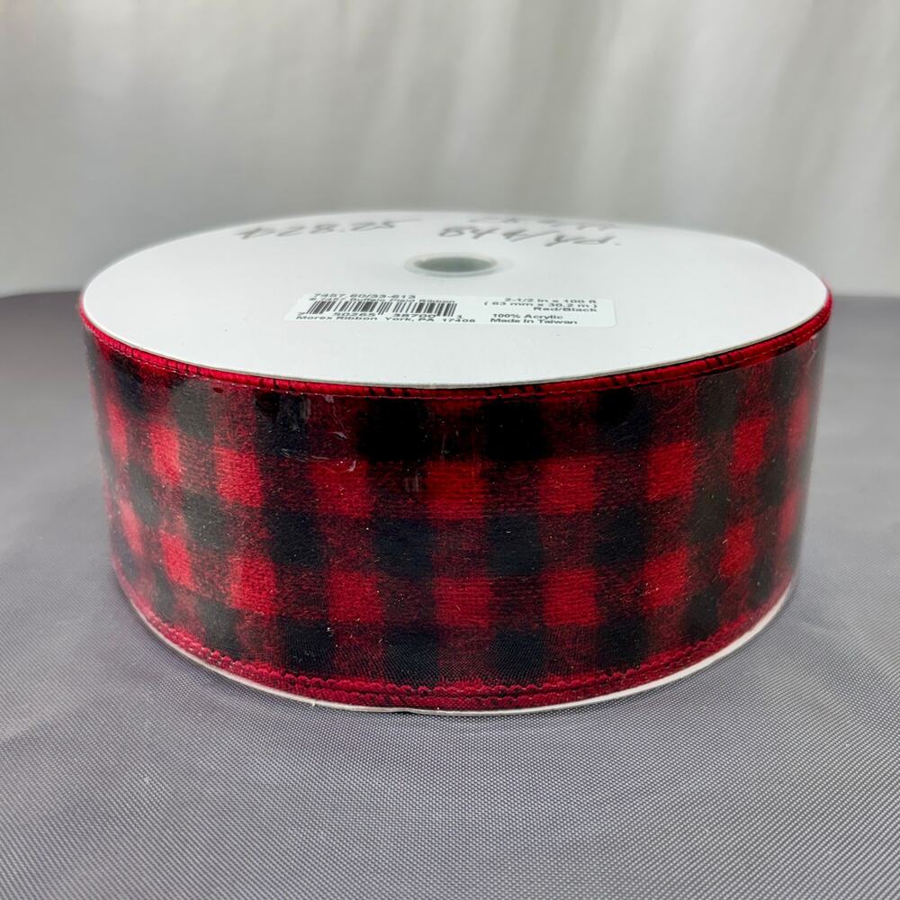 Morex Ribbon Buffalo Plaid Red Black Acrylic 2 1/2 in x 100 ft New Soft Wired